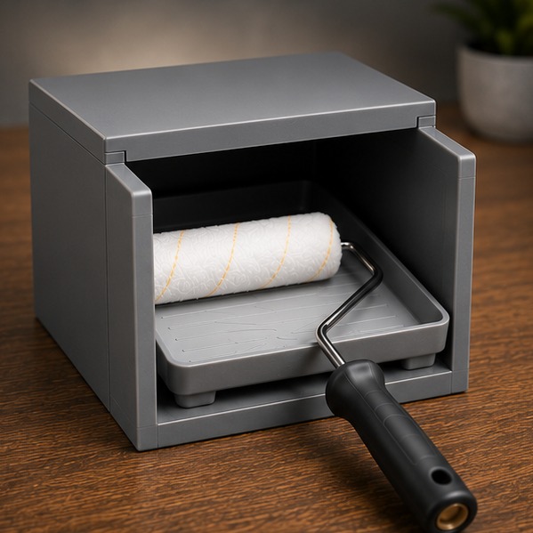 TrayMate paint tray carrying case, open with roller and tray inside